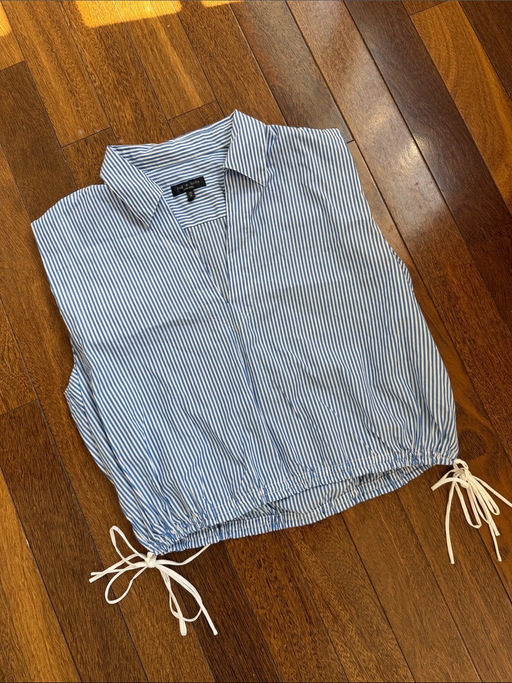 rag & bone Blue and White Striped Sleeveless Drawstring Top